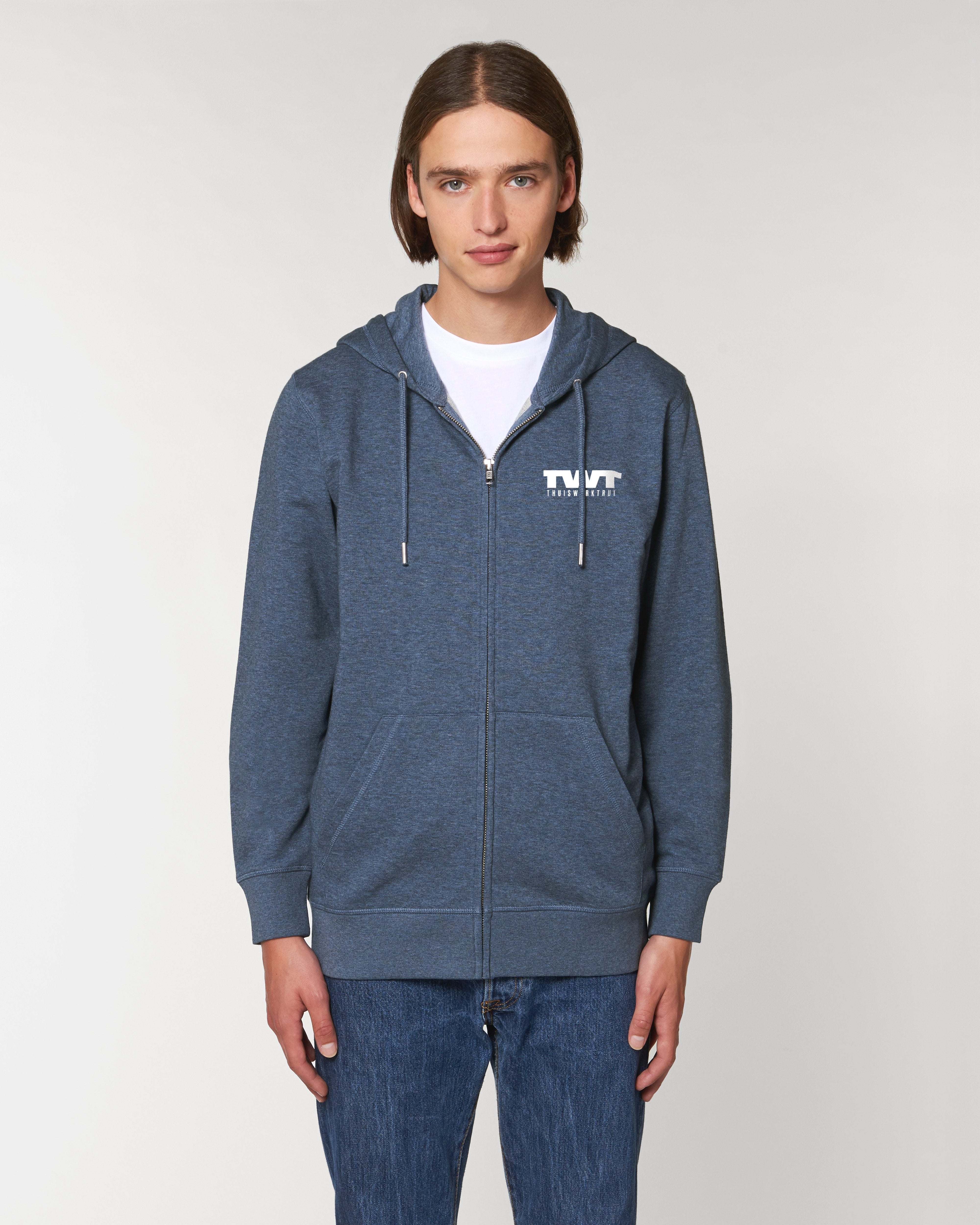 Hoodie met rits met vet geschreven opdruk 'TWT en thuiswerktrui' - Witte opdruk Hoodie met rits met vet geschreven opdruk 'TWT en thuiswerktrui' - Witte opdruk