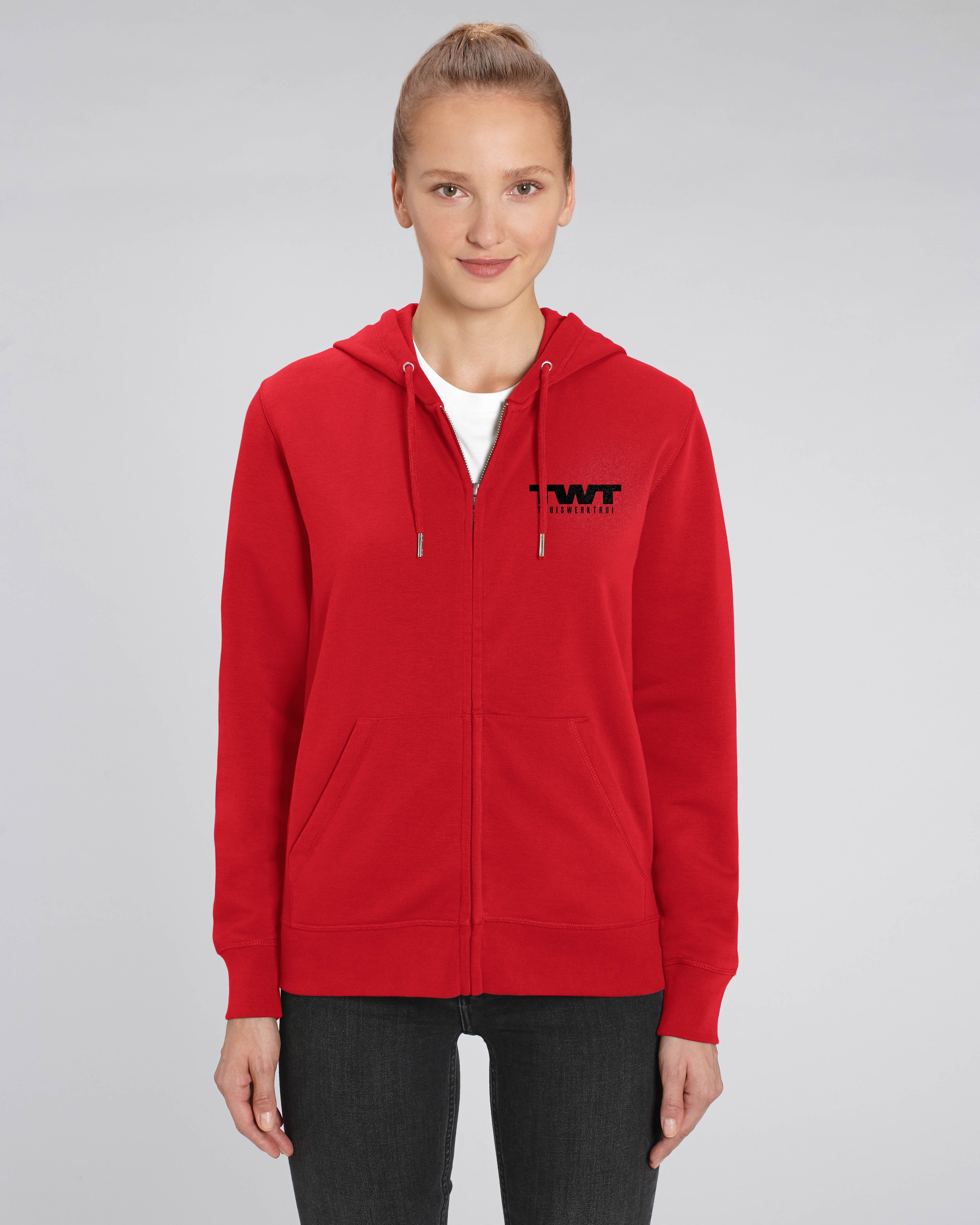 Hoodie met rits met vet geschreven opdruk 'TWT en thuiswerktrui' - Zwart opdruk Hoodie met rits met vet geschreven opdruk 'TWT en thuiswerktrui' - Zwart opdruk