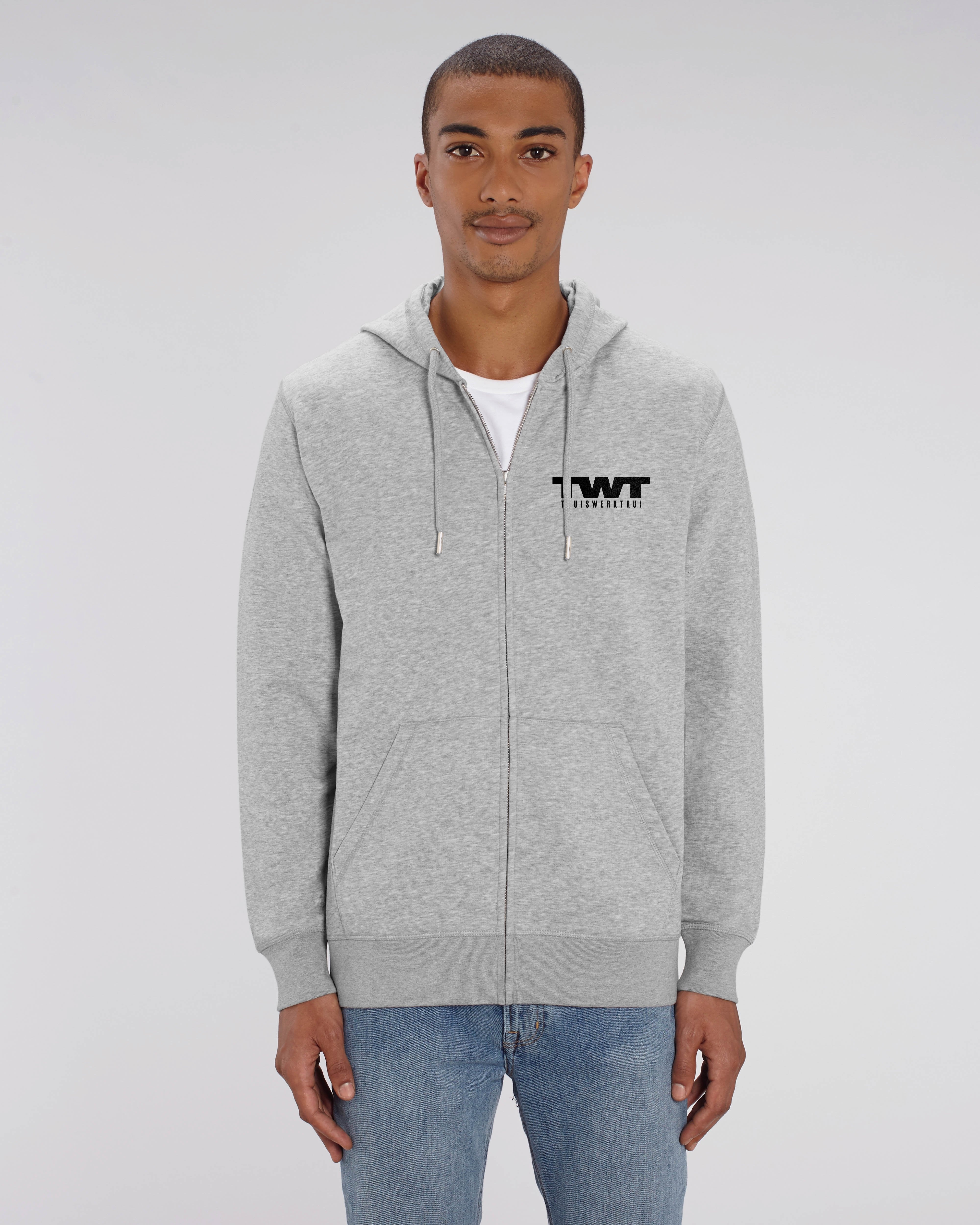 Hoodie met rits met vet geschreven opdruk 'TWT en thuiswerktrui' - Zwart opdruk Hoodie met rits met vet geschreven opdruk 'TWT en thuiswerktrui' - Zwart opdruk