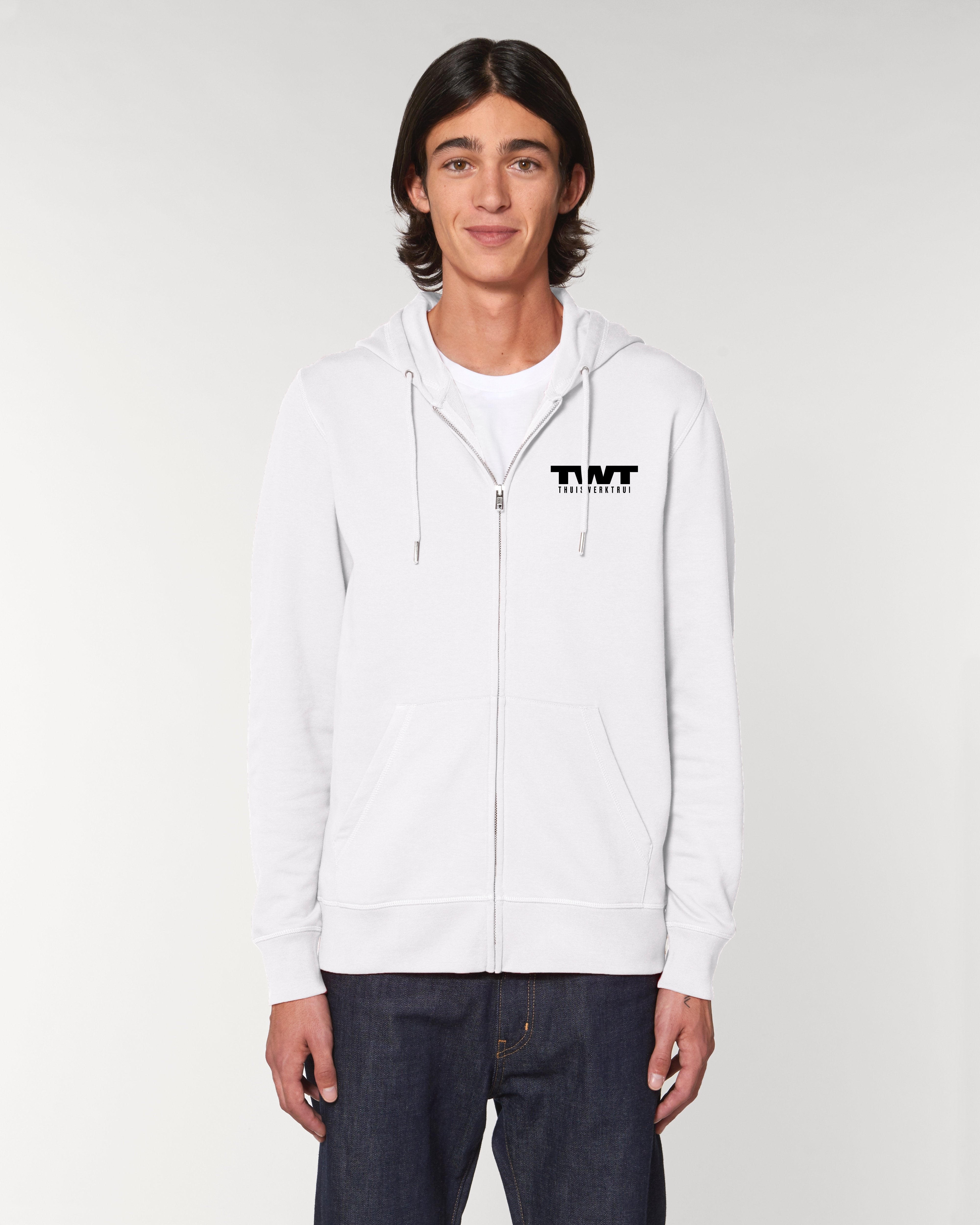 Hoodie met rits met vet geschreven opdruk 'TWT en thuiswerktrui' - Zwart opdruk Hoodie met rits met vet geschreven opdruk 'TWT en thuiswerktrui' - Zwart opdruk